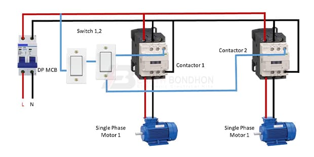 Single phase two motor 2 way switch control
