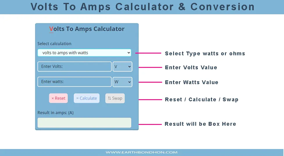 how to use calculator volts to amps with watts ohms